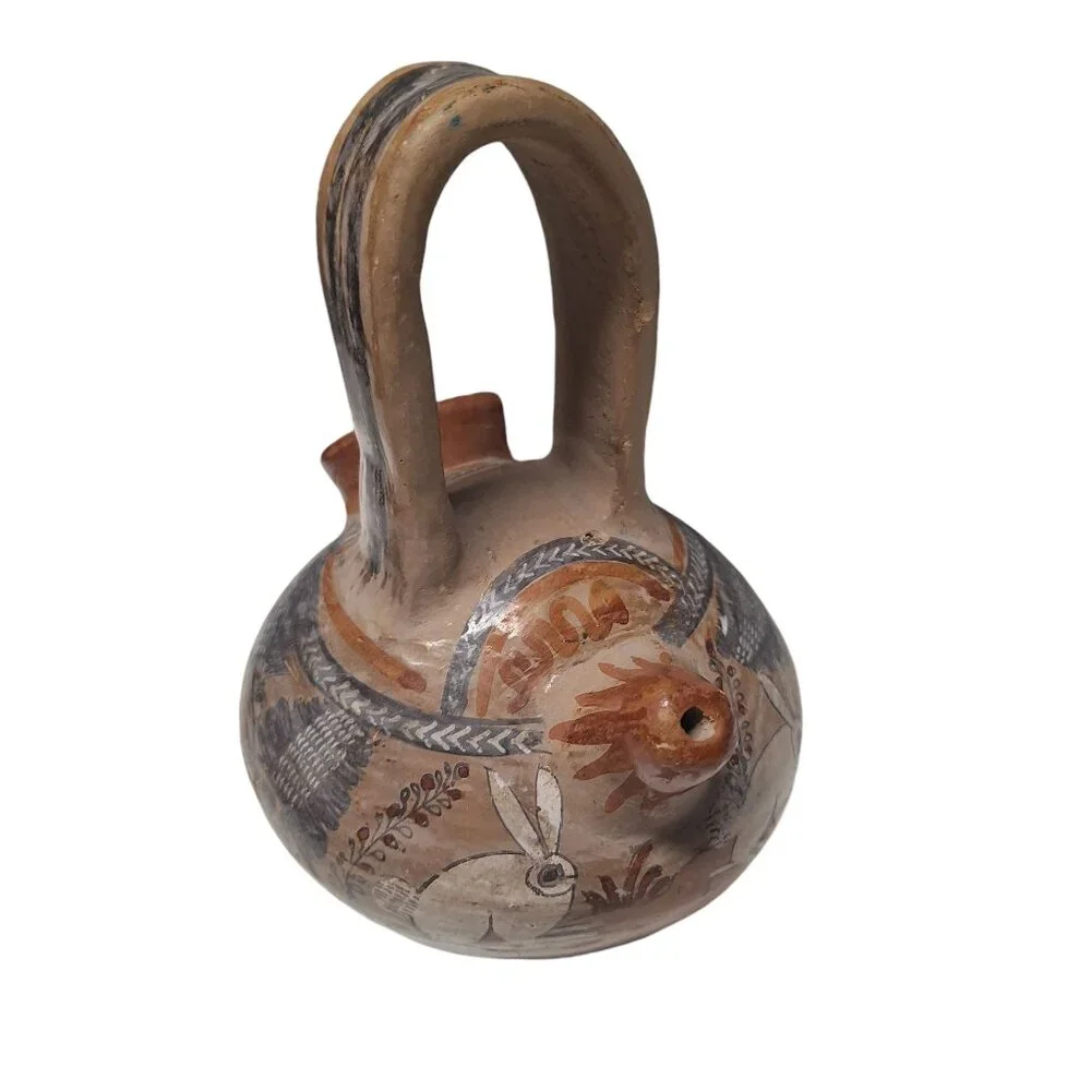 Tonala Pottery Double Spout Water Jug Rabbit Floral Agave Design Mexico Folk Art